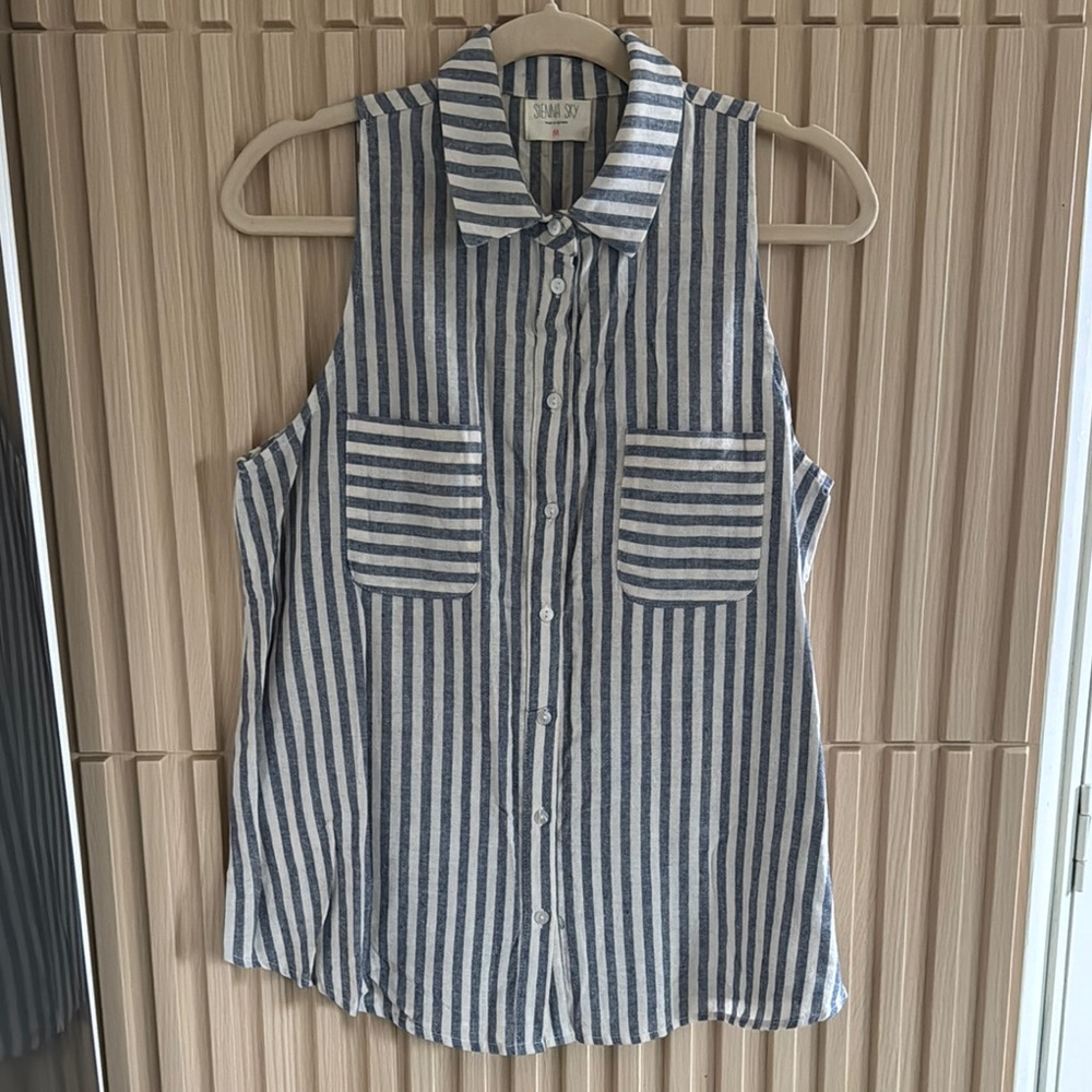 100% Cotton Blue Striped Sleeveless Blouse